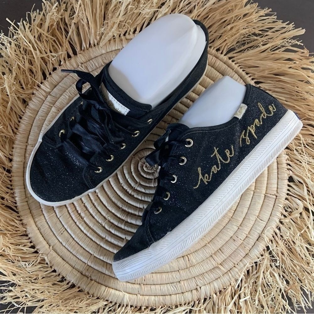 KEDS‎ X KATE SPADE Script Kickstart Glitter Sneakers Black Gold Size 3